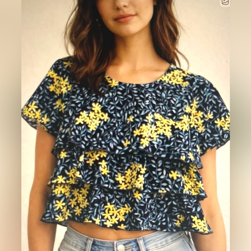 Zara Basic Floral Boho Feminine Tiered Ruffle Navy Blue Yellow Crop Top Size S